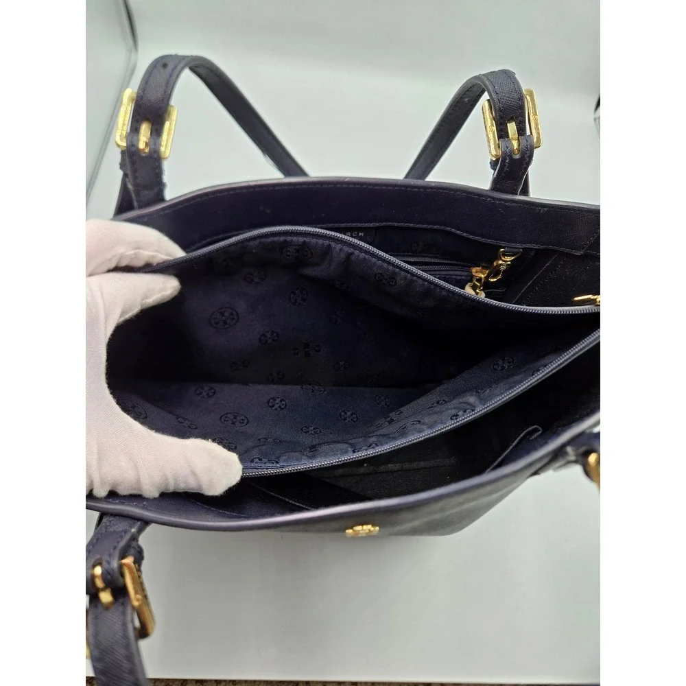Tory Burch Navy Blue Leather Tote Bag Handbag‎ Purse Satchel Gold Hardware